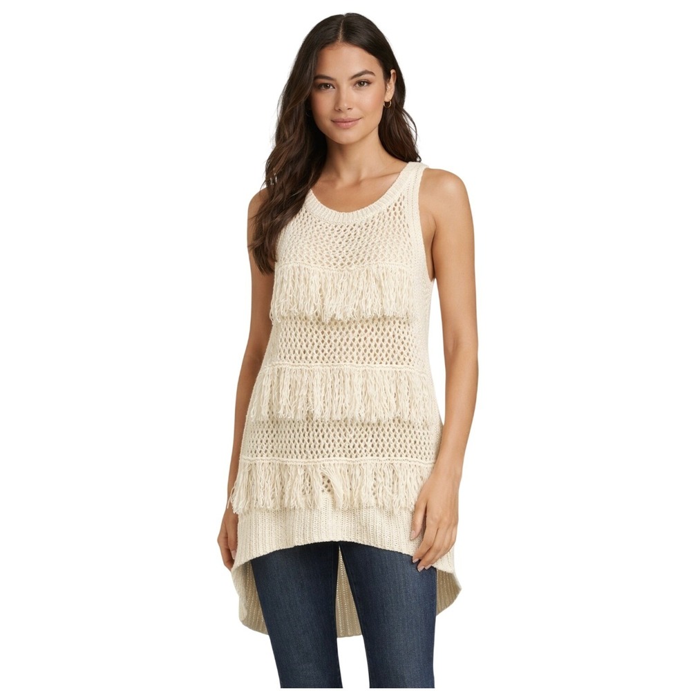 DKNY Cream Fringe Sweater Vest Sleeveless Boho Open Knit Size M